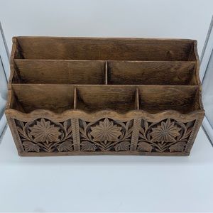 Vintage Lerner Carved Faux Wood Letter Holder Mail Organizer Storage